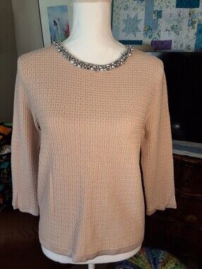 Adrianna Papell Blush Tan Textured Knit Top with Jeweled Trim